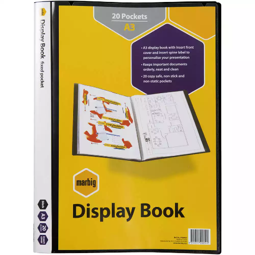 Picture of MARBIG DISPLAY BOOK NON-REFILABLE SPINE INSERT 20 POCKET A3 BLACK