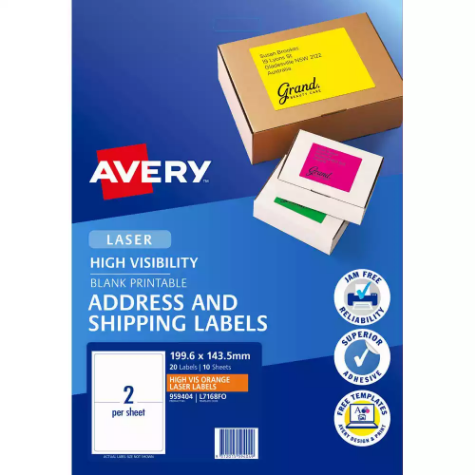 Picture of AVERY 959404 L7168FO HIGH VISIBILITY SHIPPING LABEL LASER 2UP FLUORO ORANGE PACK 10