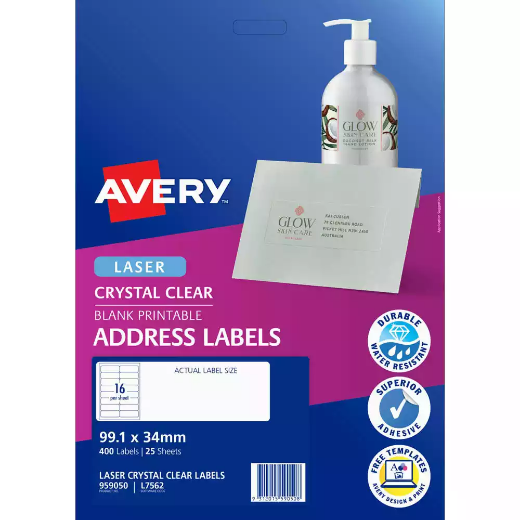 Picture of AVERY 959050 L7562 CRYSTAL CLEAR ADDRESS LABEL LASER 16UP CLEAR PACK 25