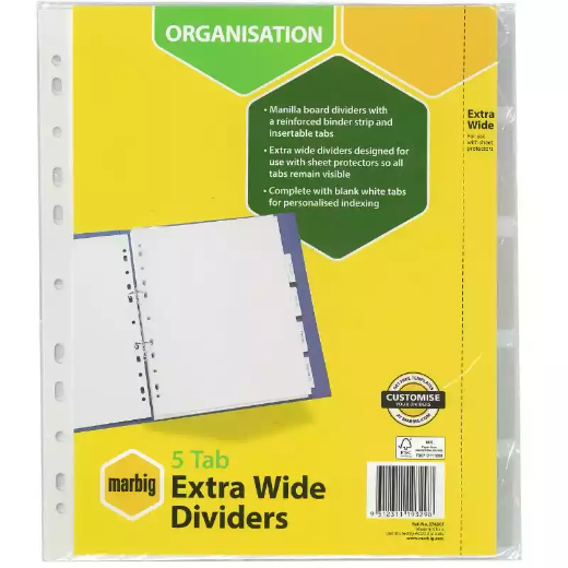 Picture of MARBIG DIVIDER INSERTABLE EXTRA WIDE MANILLA 5-TAB A4 WHITE