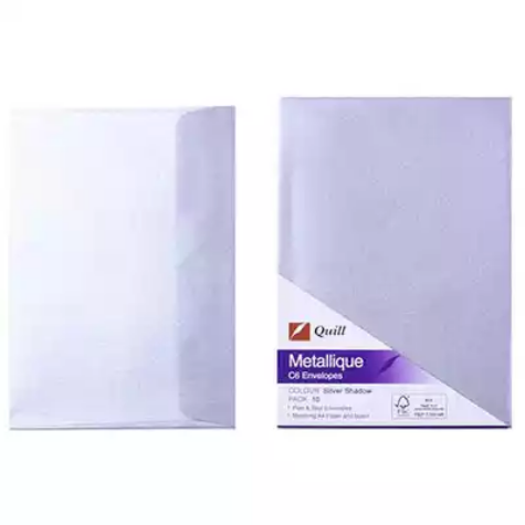 Picture of QUILL C6 METALLIQUE ENVELOPES PLAINFACE STRIP SEAL 80GSM 114 X 162MM SILVER SHADOW PACK 10