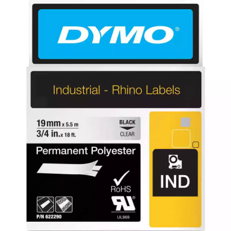 Picture of DYMO 622290 RHINO INDUSTRIAL TAPE PERMANENT POLYESTER 19MM BLACK ON CLEAR