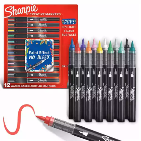 Picture of SHARPIE CREATIVE WATER-BASED ACRYLIC MARKERS BRUSH TIP ASSORTED COLOURS PACK 12