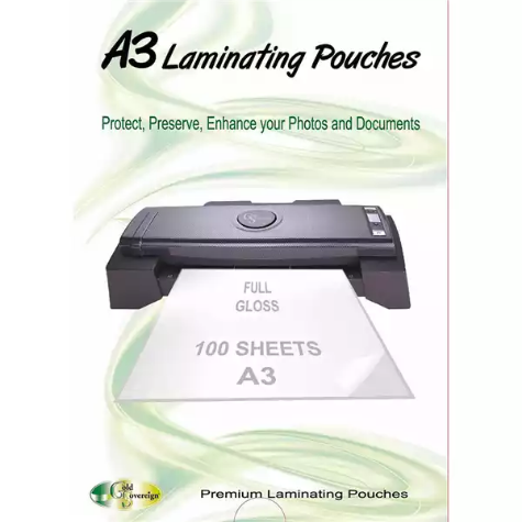 Picture of GOLD SOVEREIGN LAMINATING POUCH ADHESIVE 100 MICRON FULL GLOSS A3 303 X 426MM PACK 100