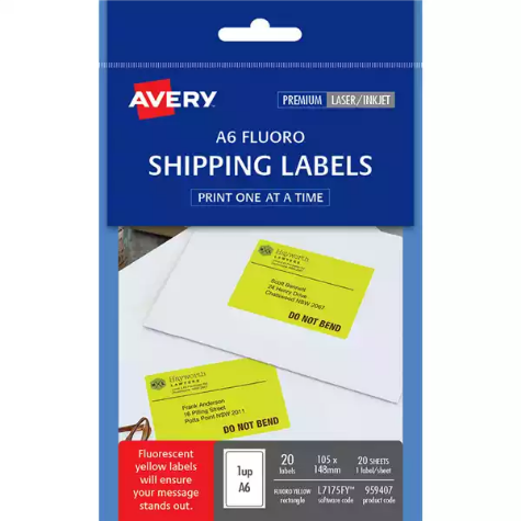 Picture of AVERY 959407 L7175 SHIPPING LABEL LASER A6 105 X 148MM YELLOW PACK 25