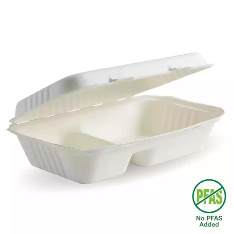 Picture of BIOPAK BIOCANE PLANT FIBRE CLAMSHELL WITH 2-COMPARTMENTS 230 X 150 X 80MM WHITE PACK 125