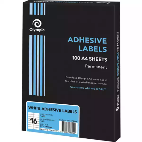 Picture of OLYMPIC ADHESIVE MULTIPURPOSE LABELS SQUARE CORNERS 16UP 105 X 37MM WHITE BOX 100